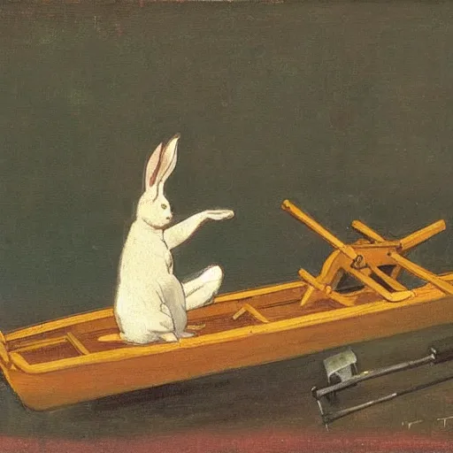 Image similar to a rabbit using a rowing machine, in the style of ilya repin