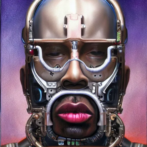 Image similar to a realistic oil painting of a cybernetic kanye west cyborg, surrealism portrait, post apocalyptic album cover