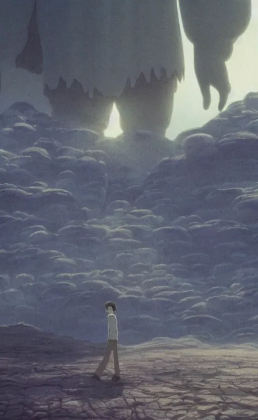 Image similar to a movie still from a studio ghibli movie showing a highly detailed landscape with a giant living buddha walking through the desert. 1 9 8 0's science fiction, 1 9 7 0's science fiction, misty, depth perception, 4 k