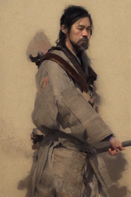 Prompt: Richard Schmid and Jeremy Lipking and Antonio Rotta full length portrait painting of a japanese samurai