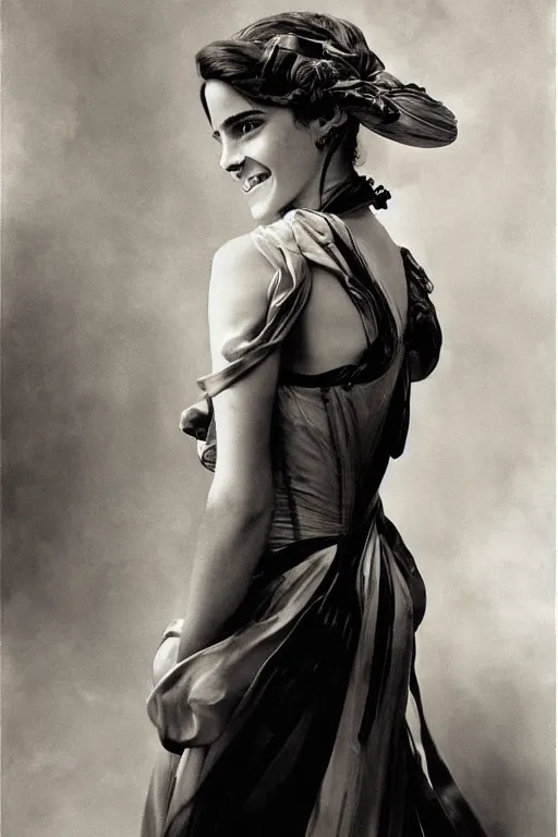 Prompt: emma watson smiling silk gown photo gaston bussiere craig mullins j. c. leyendecker photograph richard avedon peter lindbergh