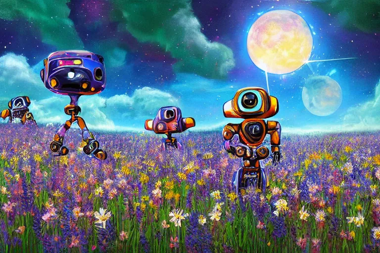 Image similar to beautiful painting ( ( robot dogs ) ) playing in a stunning field of flowers, blue sky, huge multiple moons by phil foglio and vincent dutrait, trending on artstation, hdr