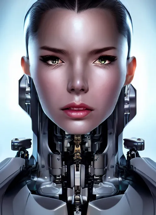 Image similar to portrait of a cyborg woman who turns her head to the (((((right))))) (((((left))))) up!!! (((((down)))))by Artgerm,eyes closed , biomechanical, hyper detailled, trending on artstation