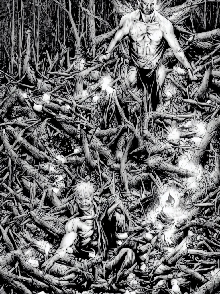 Image similar to sandman surrounded by candles in a deserted forest by lee bermejo