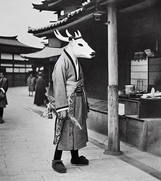 Image similar to 1 8 th century japanese street market in kyoto 1 9 0 0 s early photography portrait anthro anthropomorphic deer head animal person fursona wearing clothes street trader