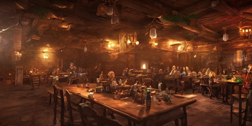 Prompt: the inside of a fantasy tavern, d & d, hyperrealistic, concept art, octane render, unreal engine 5, path tracing, soft lighting, high quality, highly detailed, 8 k, complementary colors, cgsociety