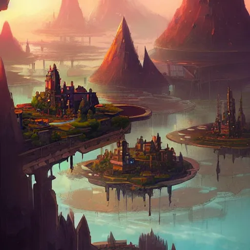 Image similar to cities on floating islands in the sky, islands connected by chains, breathtaking concept art, digital art, detailed, by andreas rocha