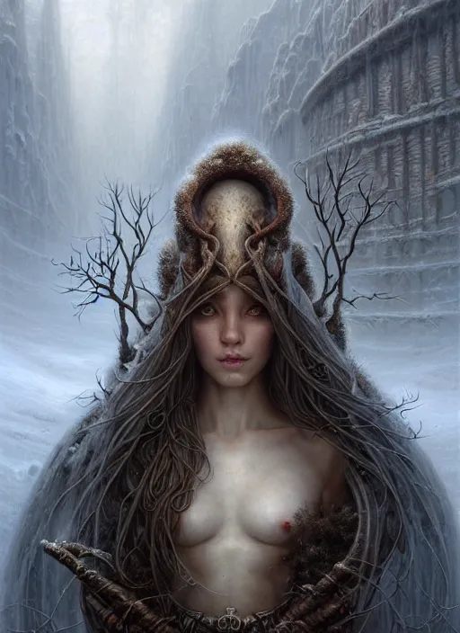 Image similar to portrait shot of a snow elf in a scenic dystopian environment, intricate, elegant, highly detailed, centered, digital painting, artstation, concept art, smooth, sharp focus, illustration, artgerm, tomasz alen kopera, peter mohrbacher, donato giancola, joseph christian leyendecker, wlop, boris vallejo