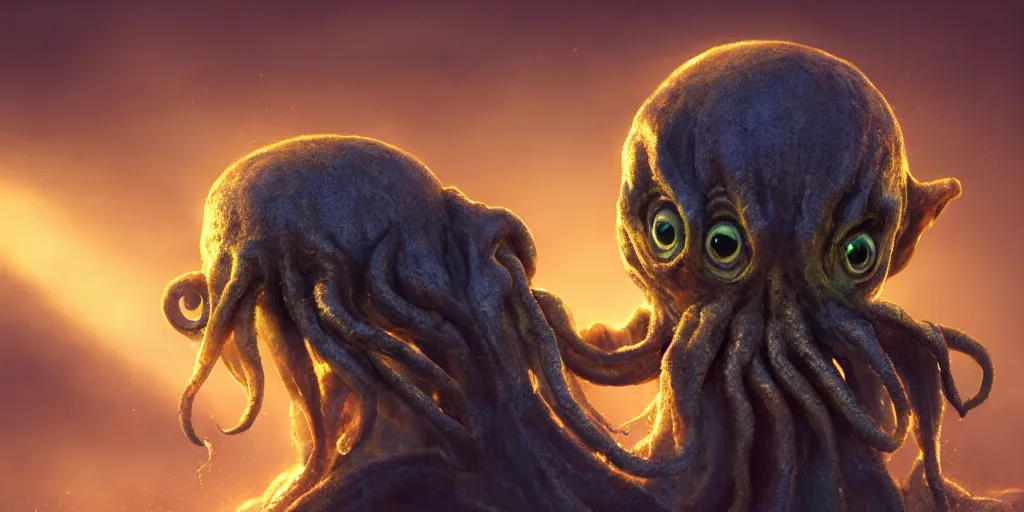 Image similar to cute happy baby cthulhu, golden hour, fantasy, sharp focus, digital art, hyper realistic, 4 k, unreal engine, highly detailed, hd, dramatic lighting by brom, trending on artstation, new cats movie