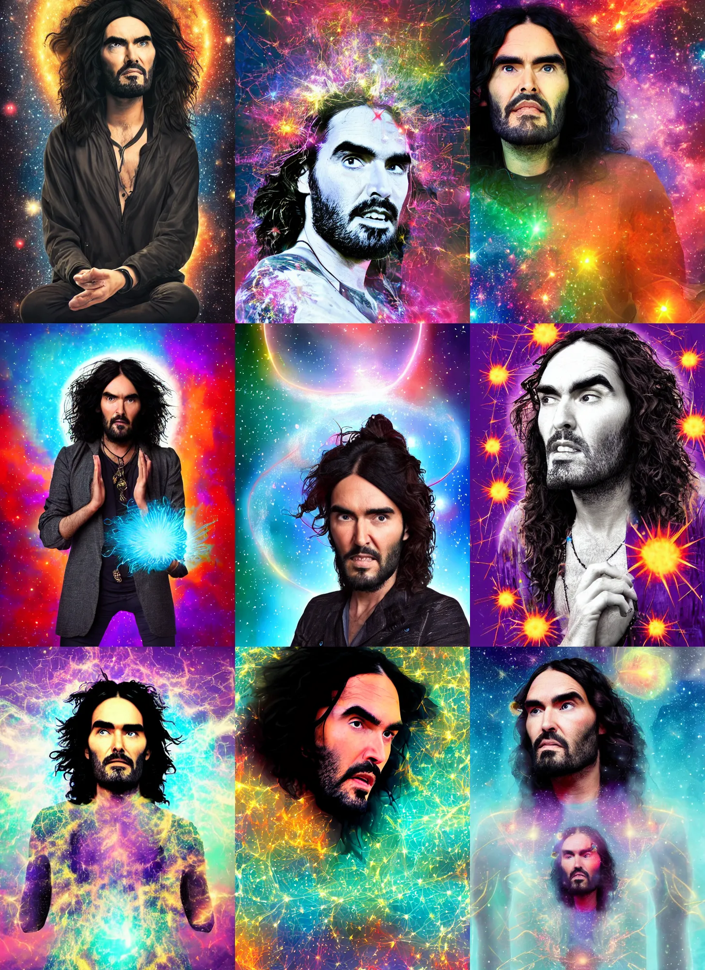 Prompt: character portrait of Russell Brand meditating with the universe exploding out of his mind, digital art 4k