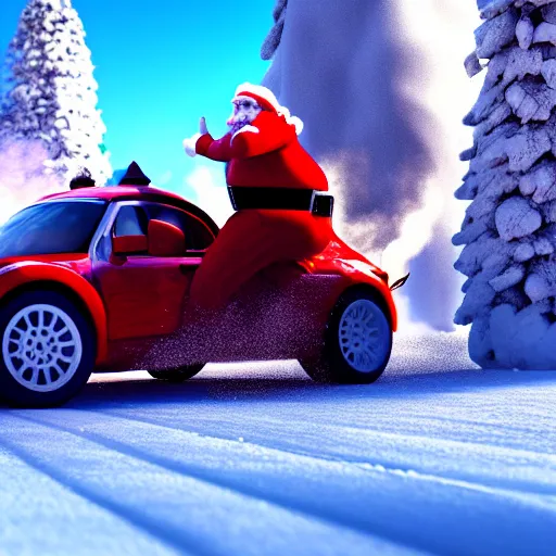 Prompt: Santa Clause driving a rally car he is going fast there is smoke coming from the tires there is snow on the track you can clearly see Santa Clause driving he is fat and jolly, octane render, realistic lighting, realistic shadows, highly reflective, photo realistic, hyper realistic