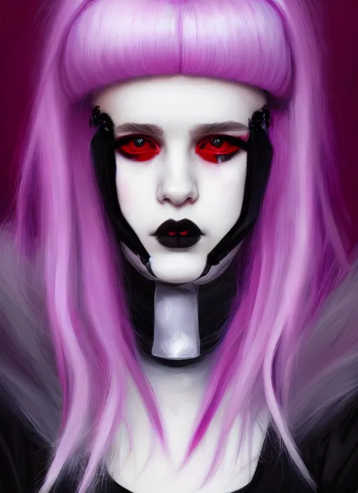 Image similar to portrait of white teenage girl, normal face, white bangs, mall goth, cyberlox, black and white hair, bangs, fluffy bangs, red contact lenses, purple lipstick, intricate, elegant, highly detailed, digital painting, artstation, concept art, sharp focus, smooth, illustration, art by wlop, mars ravelo and greg rutkowski