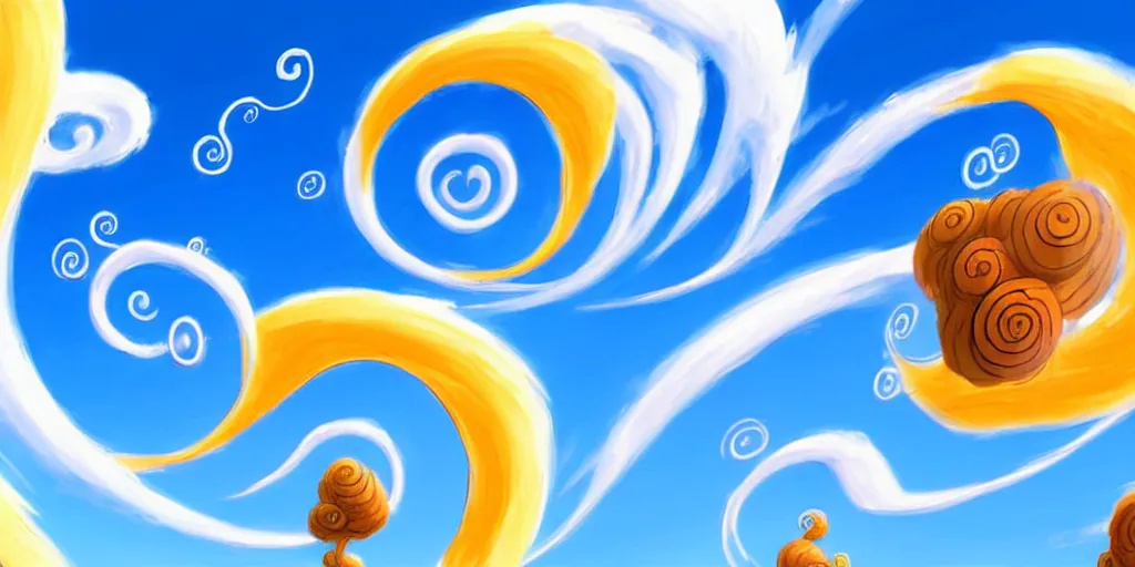 Image similar to cartoon concept art, clean blue sky, spiral clouds, from lorax movie