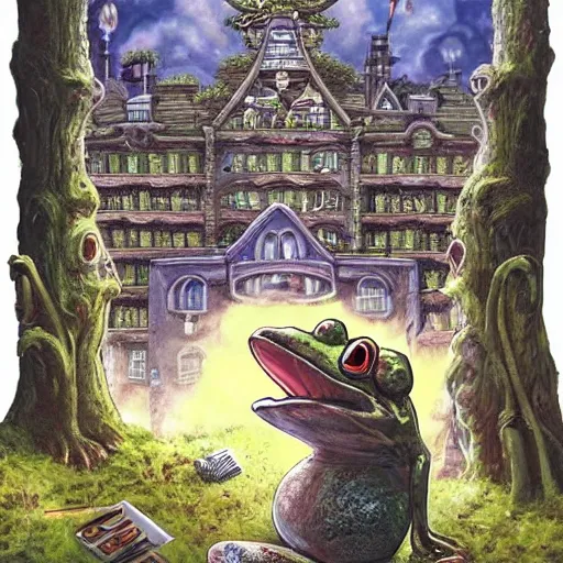 Prompt: A portrait of a scary godlike anthropomorphic frog smoking a cigarette , mushroom mansion in the background . award winning. superb resolution. in the art style of junji Ito and greg rutkowski . Detailed Mushroom city in background. Hyper realistic anime. Perfect art. Dalle2