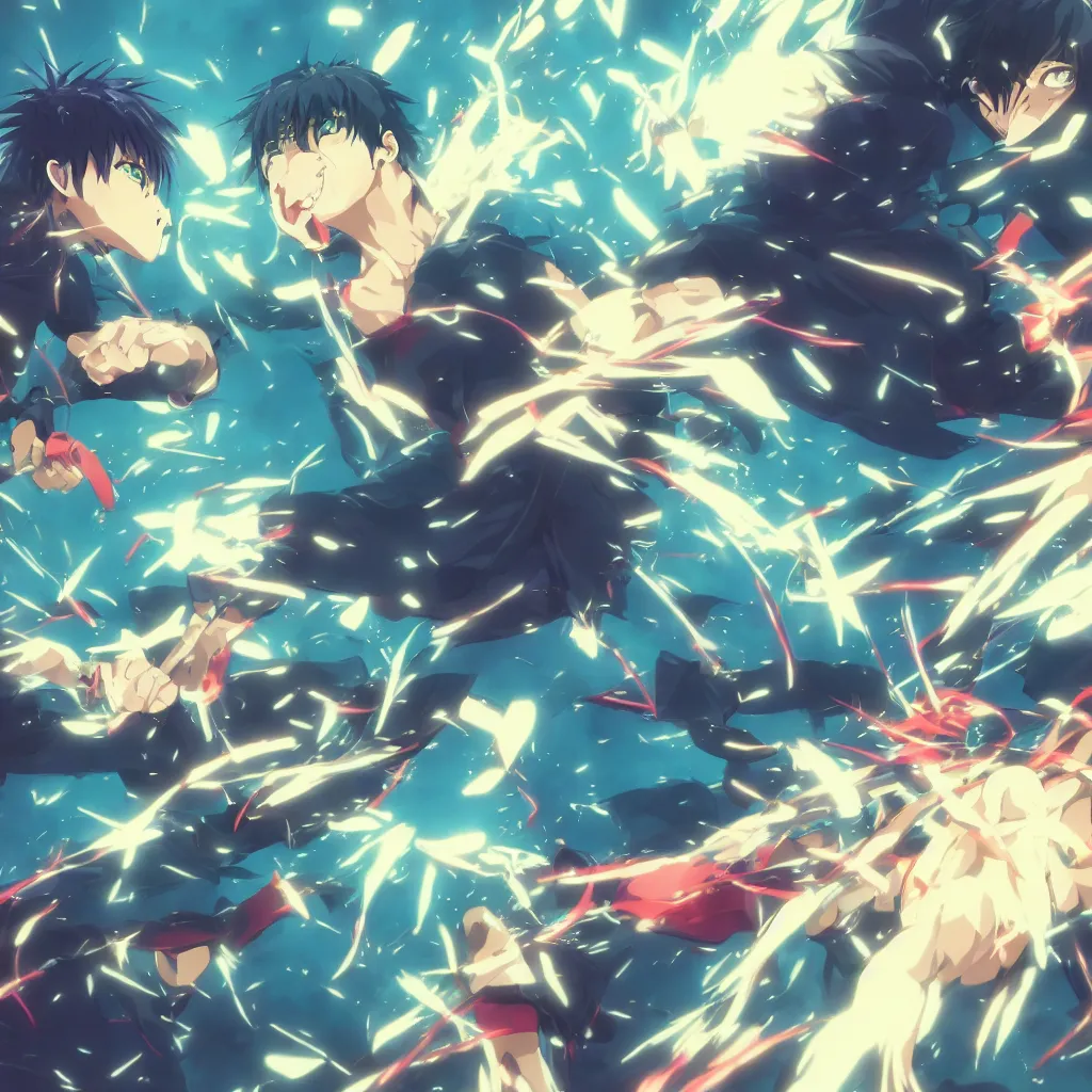 Image similar to a fight of two anime characters punching each other, deep rich colors, surreal, 8 k, award winning, digital art, vray, blur, cinematic, neon, cyberwave, hayao miyazaki, makoto shinkai and ilya kuvahinov