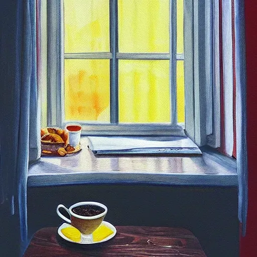 Image similar to “ photorealistic painting of a breakfast table with a steaming cup of coffee and a newspaper. the window behind it shows a colorful neighborhood with sun shining in the window ”