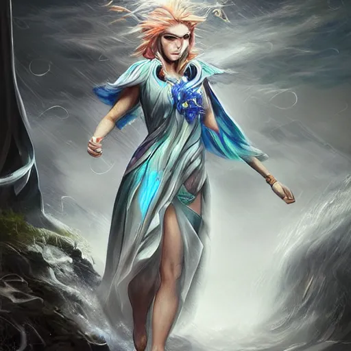 Prompt: A fantasy-like image of the Goddess of Storms, wearing an outfit made of wind and rain, by Max Hay, trending on artstation, 8k