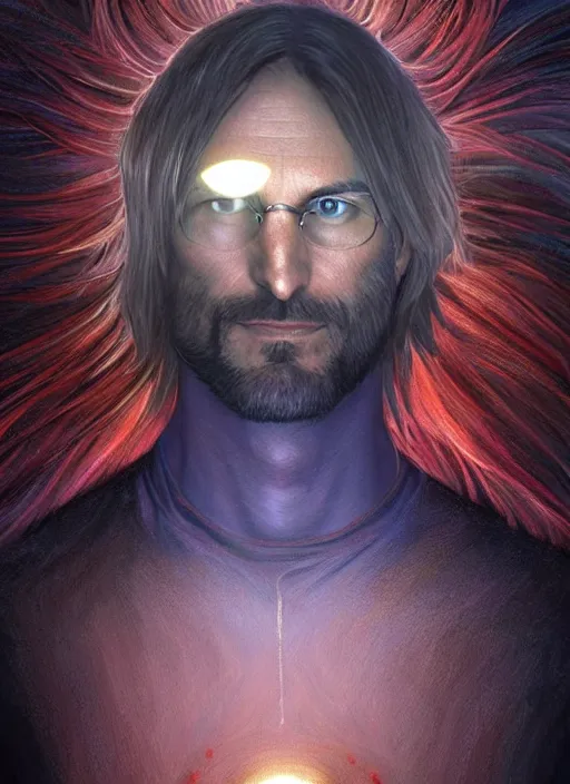 Prompt: Portrait of Steve Jobs, red glowing eyes, blue shaggy hair, male, fantasy,, extremely detailed, digital painting, artstation, concept art, smooth, sharp focus, illustration, stunning lighting, art by artgerm and greg rutkowski and alphonse mucha and simon stalenhag, realistic character concept, high fantasy, light atmosphere, golden ratio, cinematic lighting, hyperdetailed, high resolution, insanely detailed and intricate, face enhance, Marc Simonetti, Greg Rutkowski, 8k