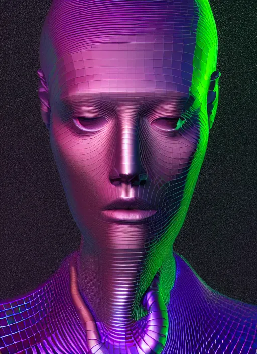 Image similar to highly detailed surreal vfx portrait of a 3 d human head made of stacks of speakers. polyphonic pulse projections, liquid light, metallic, galactic, crystalline edges, elegant, centered hyperrealistic, octane render, inspired by james jean, okuda sam miguel, android jones, beeple, rhads nvidia raytracing demo, 8 k