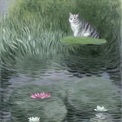 Image similar to a white and grey tabby cat, with a black and grey striped head and a white mouth, stretching on a lilypad floating on a lake, in the style of Water Lilies painting by Monet