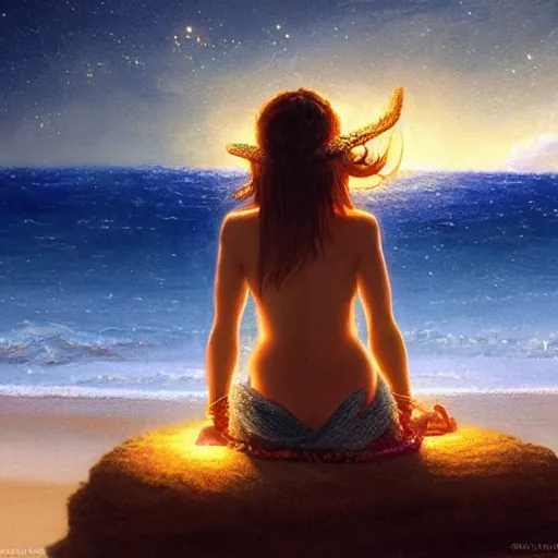 Prompt: hawaiian woman [ sitting on a brightly illuminated beach ]!! under the radiant stars, back view!!, illuminated by the stars, high fantasy art, illustrative, digital art, 3 d modeling, light painting, golden ratio!!, illustrated by greg rutkowski, gaston bussiere, and max hay