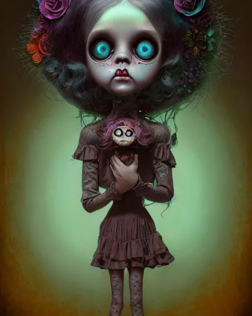 Image similar to one singular portrait of a cute bioluminescent creepy doll, post grunge, highly detailed, digital painting, cinematic, hyper realism, dark retrowave, art by mark ryden and pixar and artgerm and magali villeneuve and alphonse mucha, artstation, octane render, cgsociety