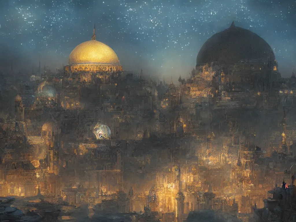Image similar to a view from the river of a dome - covered city resembling ancient baghdad at night with the sky full of stars, intricate, elegant, highly detailed, digital painting, artstation, concept art, smooth, sharp focus, colored illustration for tattoo, art by krenz cushart and artem demura and alphonse mucha,
