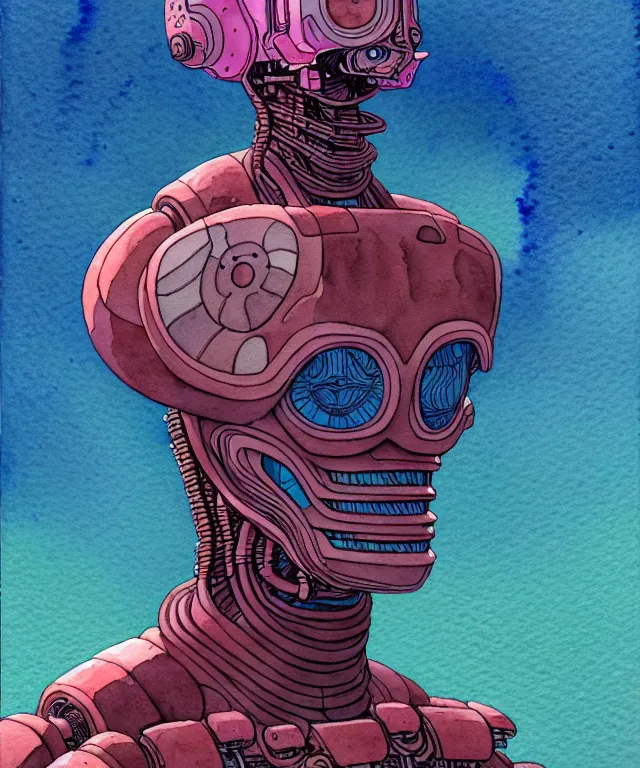 Image similar to a watercolor painting character portrait of a machine mutant in the style of jean giraud in the style of moebius trending on artstation deviantart pinterest detailed realistic hd 8 k high resolution