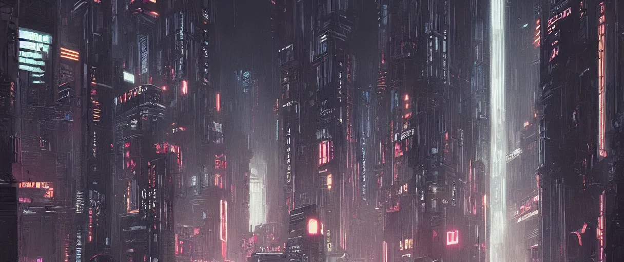 Prompt: landscape of a brutalist neon lit blade runner city in the style of Rob Lefield and Ralph McQuarrie, trending on artstation, digital art, first person perspective, establishing shot