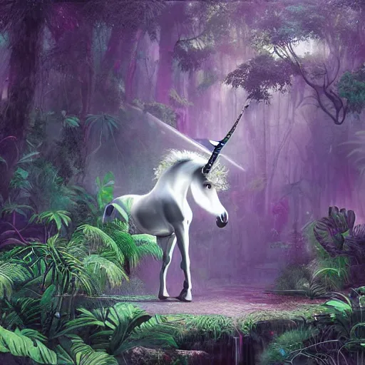 Image similar to a unicorn in a misty jungle, hyperdetailed, photorealist, artstation, vaporwave