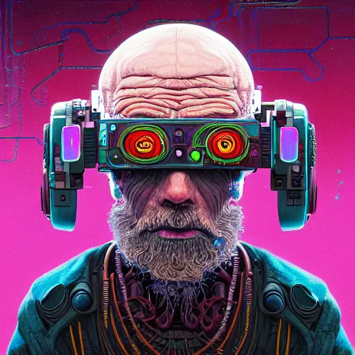 Image similar to Colour Photography of 1000 years old man with highly detailed 1000 years old face wearing higly detailed cyberpunk VR Headset designed by Josan Gonzalez Many details. . In style of Josan Gonzalez and Mike Winkelmann andgreg rutkowski and alphonse muchaand Caspar David Friedrich and Stephen Hickman and James Gurney and Hiromasa Ogura. Rendered in Blender with Minecraft style