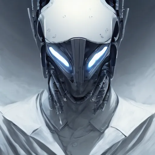 Image similar to portrait of a male character with many robotic eyes in sleek clothes, in a flowing white tailcoat, wearing a futuristic insectoid white mask with five round lenses for eyes, many eyes, dramatic lighting, illustration by Greg rutkowski, yoji shinkawa, 4k, digital art, concept art, trending on artstation