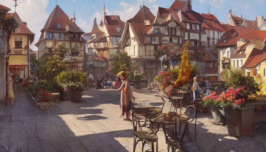 Image similar to Stefan Koidl's painting of a european town, view from cafe terrace. 4k, octane, digital painting, artstation, concept art, sharp focus, illustration, art by artgerm and greg rutkowski and alphonse mucha.