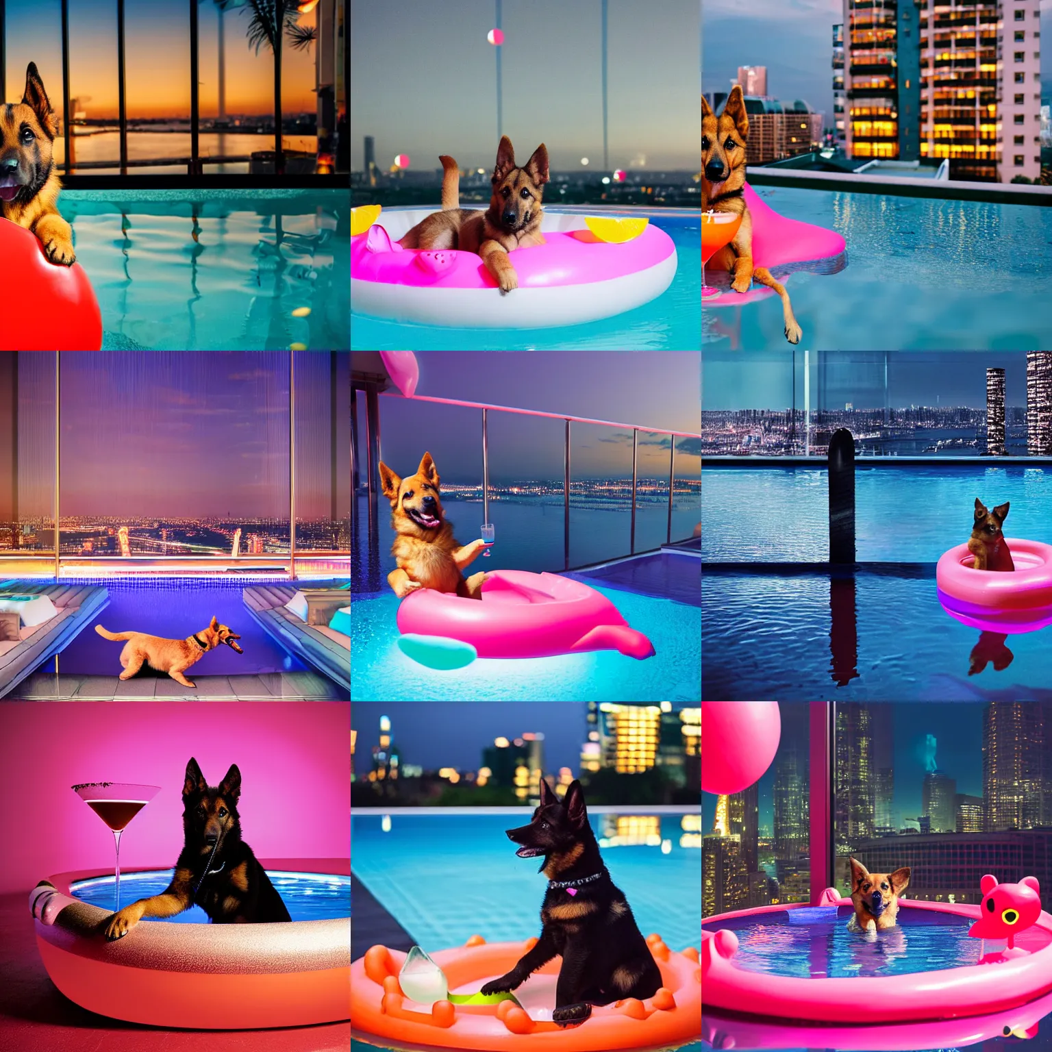 Prompt: A long shot photograph of a anthropomorphic GSD puppy with hands enjoying a cosmopolitan cocktail while floating on an flamingo float in a swimming pool on the rooftop of a luxury penthouse at night, muted water reflections, low energy background with neon city lights, photography magazine