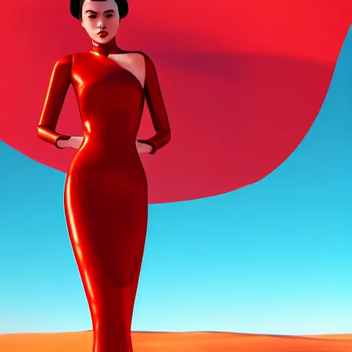 Image similar to innovative avant-garde art, deco fashion, asian women, wearing red, highly detailed, photorealistic portrait, serene desert setting, golden hour, crisp quality and light reflections, unreal engine 5 quality render