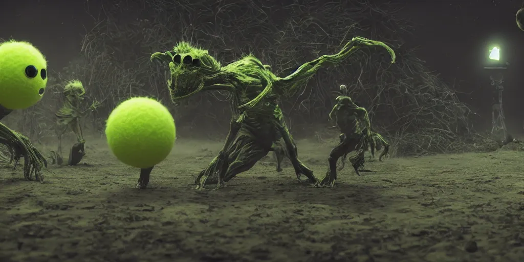 Image similar to a photo of 8 k ultra realistic tennis ball monsters, tennis ball monsters, alien exotic, cinematic lighting, trending on artstation, 4 k, hyperrealistic, focused, high details, unreal engine 5, cinematic, alien planet atmosphere in background, 3 d render by basil gogos