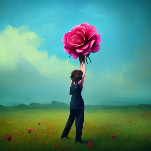 Image similar to portrait, giant rose flower head, girl dancing in a suit, surreal photography, sunrise, blue sky, dramatic light, impressionist painting, digital painting, artstation, simon stalenhag