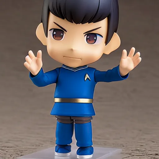 Image similar to spock from the tv series star trek, serious look, pointed ears, spock haircut, greeting, as an anime nendoroid, starfleet uniform, detailed product photo