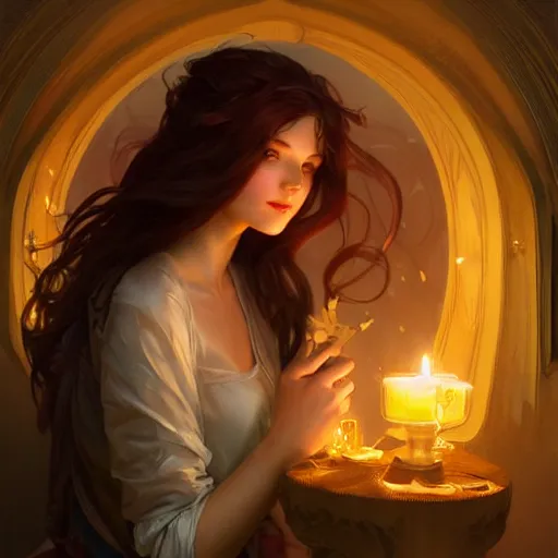 Image similar to girl in love, candle light, highly detailed, digital painting, cgsociety , concept art, sharp focus, illustration, art by artgerm and greg rutkowski and alphonse mucha