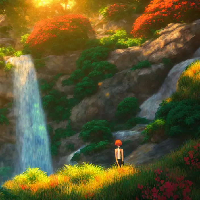 Prompt: an epic makoto shinkai and renoir landscape of a twin waterfall, 🌺, golden hour, ultra smooth, lois van baarle, ilya kuvshinov, unreal engine, blender, trending on artstation, suntur, caleb worcester, highly detailed, photorealism, bloom effect 8 k