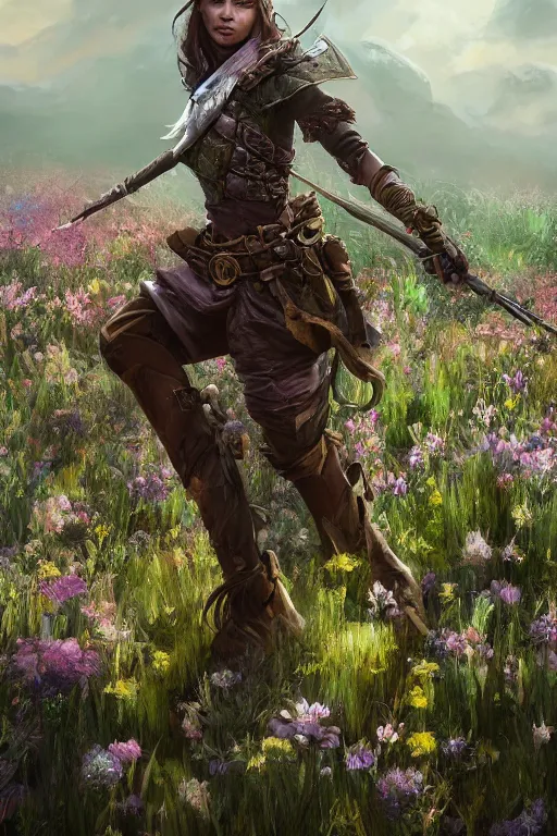 Image similar to A high fantasy female dnd ranger standing in the middle of the field of flowers by Eddie Mendoza face close up official media beautiful detailed high quality