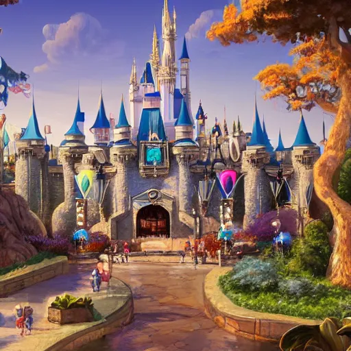 Image similar to concept art of new disney theme park, highly detailed, artstation