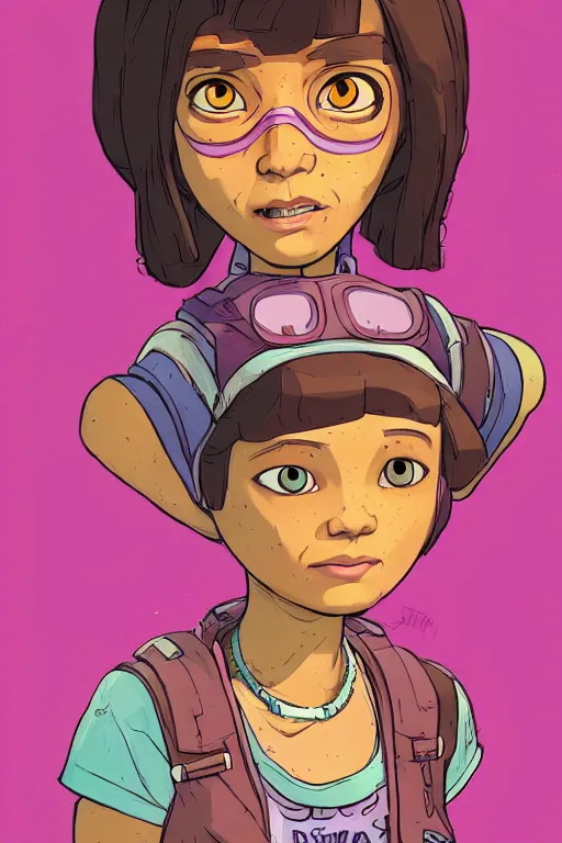 Prompt: a study of cell shaded portrait of Dora the Explorer as a Borderlands 3 character, llustration, post grunge, concept art by josan gonzales and wlop, by james jean, Victo ngai, David Rubín, Mike Mignola, Laurie Greasley, highly detailed, sharp focus, alien, Trending on Artstation, HQ, deviantart, art by artgem