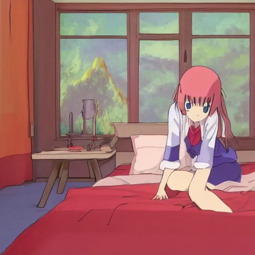 Image similar to bedroom in studio ghibli, Zero Two sitting on bed, anime style