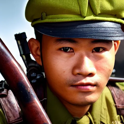 Prompt: smart thai ww 2 hunter in armed, close - up portrait