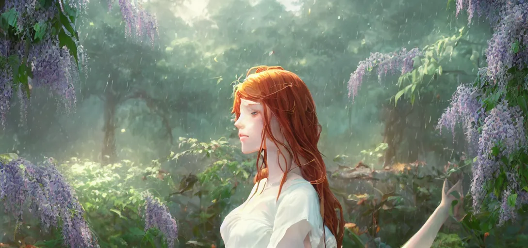 Image similar to a beautiful southern woman named Savannah, innocent, somber turquoise eyes, freckles, long ginger hair tied with white ribbon, sad under a wisteria plant, gentle lighting, storm in the distance, simple dress, digital art by Makoto Shinkai ilya kuvshinov and Wojtek Fus, digital art, concept art,