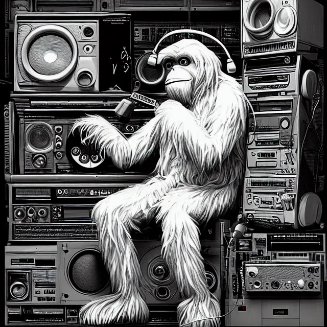 Prompt: a portrait of an anthropomorphic cyberpunk yeti podcasting while working in his secret electronics lab, detailed render, tape deck, hanging microphone, boombox, headphones, epic composition, cybernetics, 4 k realistic, cryengine, realistic shaded lighting, sharp focus, masterpiece, by matteo scalera, gary montalbano, peter elson in the style of the tokyo ghost comic