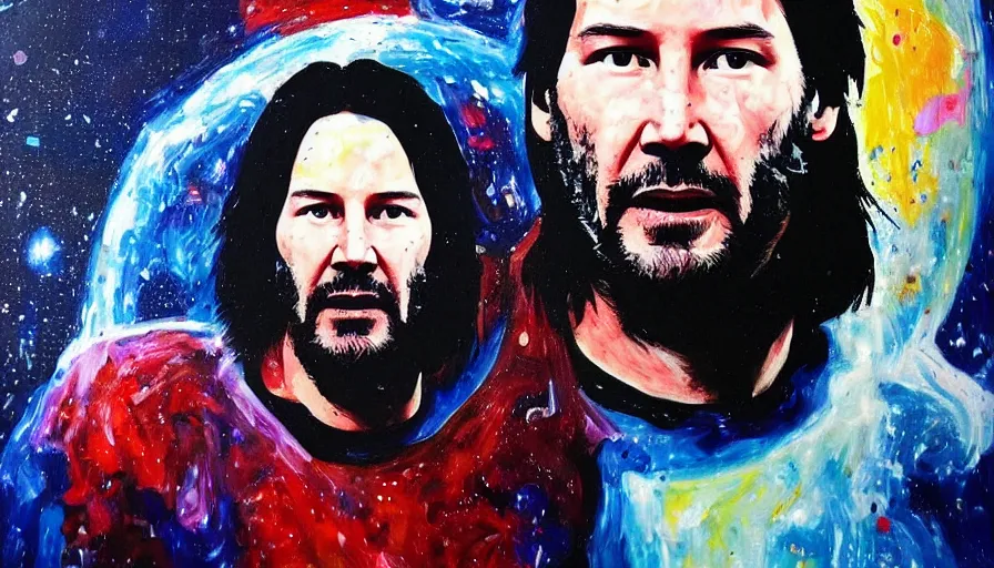 Prompt: Keanu reeves floating in space with a distressed look on his face, acrylic paint on canvas,