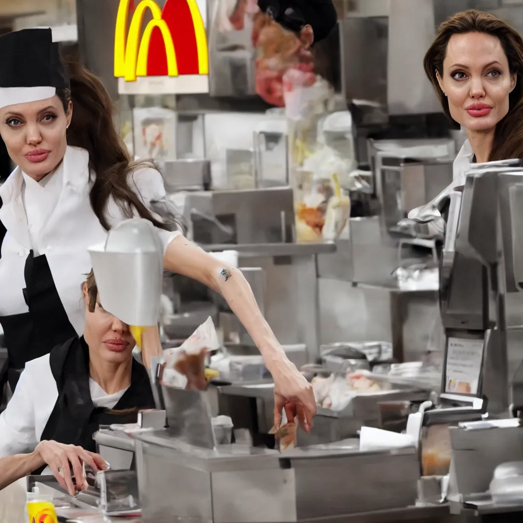 Image similar to Angelina Jolie working as a McDonalds cashier, macro, dramatic, HD