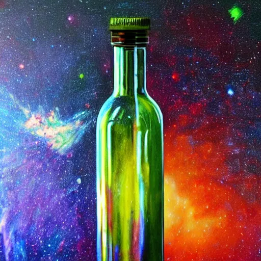 Prompt: a glass bottle with a painting on it, a hologram by aurel bernath, shutterstock contest winner, space art, bioluminescence, acrylic art, airbrush art